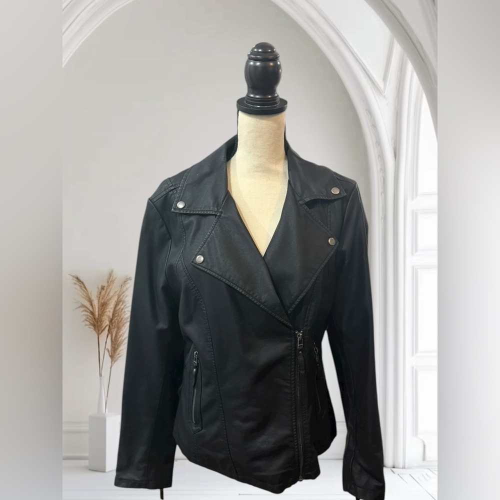 Max Studio Black Faux Leather Moto Jacket Black XL